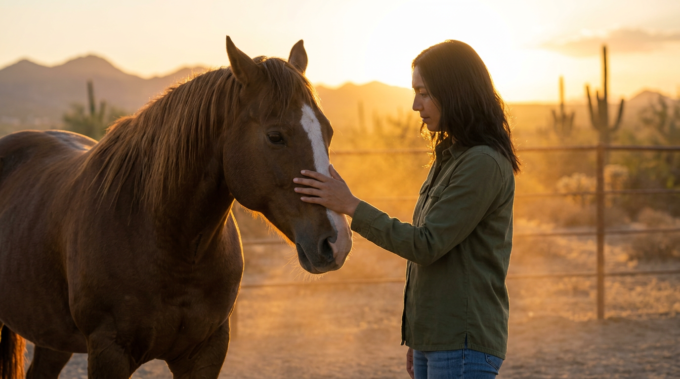 A participant sharing a calm moment of connection with a horse